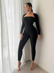 SHEIN SXY 素色抹胸彈力緊身連體褲&短上衣 - 黑色 - 查看 3