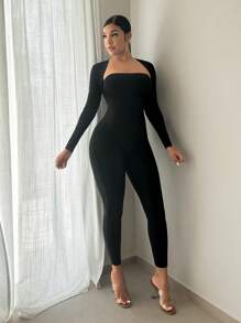 SHEIN SXY 素色抹胸彈力緊身連體褲&短上衣 - 黑色 - 查看 4