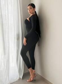 SHEIN SXY 素色抹胸彈力緊身連體褲&短上衣 - 黑色 - 查看 5