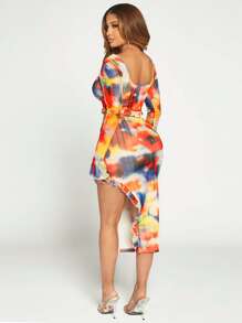 SHEIN SXY Nhuộm buộc tay áo lá sen Top Cây trồng & Viền không đối xứng Váy - Nhiều màu - Xem 2