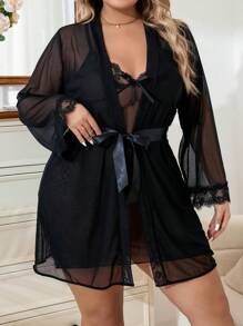 Talla grande Bata ribete con encaje de malla & Vestido de dormir de tirantes - Negro - Ver 3