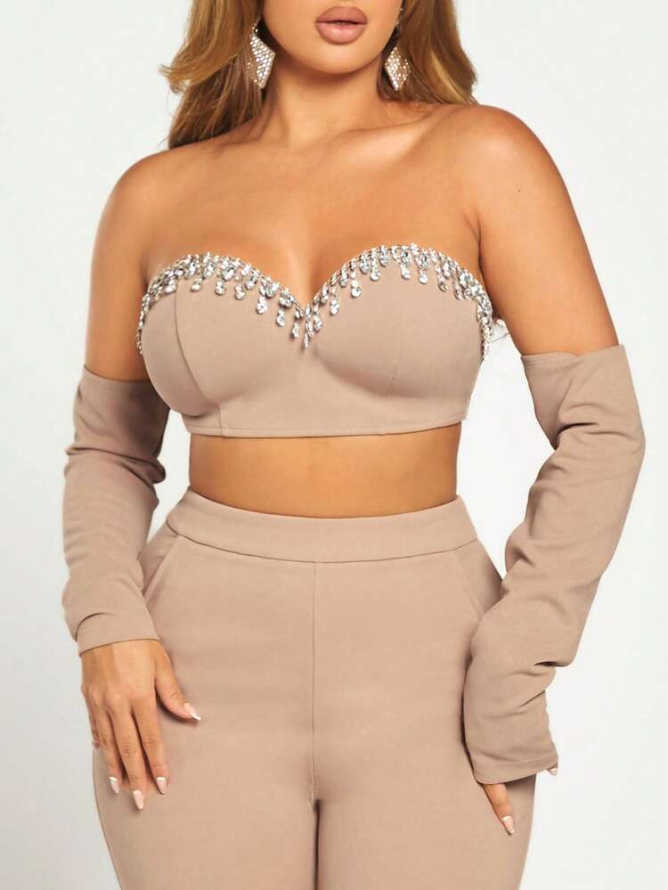 Off Shoulder Rhinestone Detail Crop Tube Top With Arm Sleeves