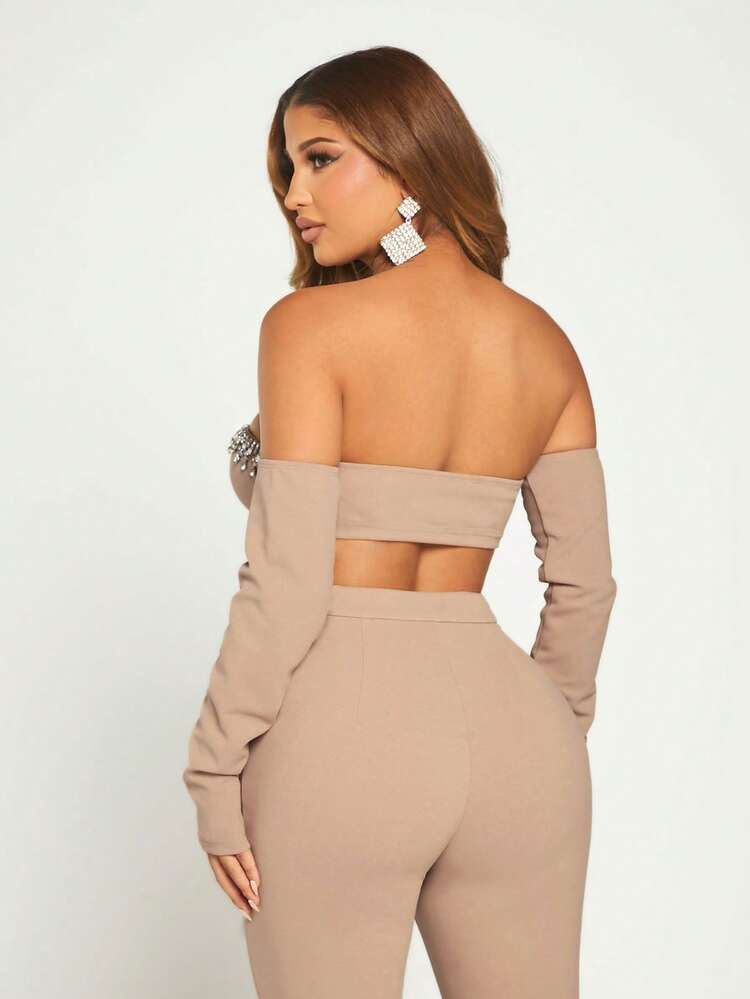 Off Shoulder Rhinestone Detail Crop Tube Top With Arm Sleeves