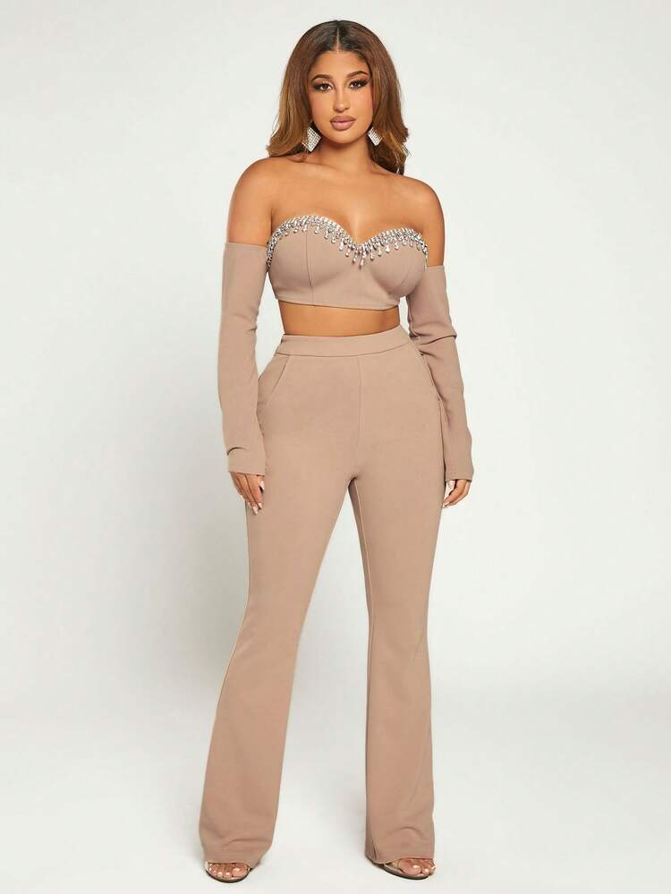 Off Shoulder Rhinestone Detail Crop Tube Top With Arm Sleeves