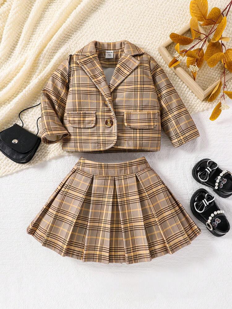 Baby Girl Plaid Print Lapel Neck Blazer & Pleated Skirt
