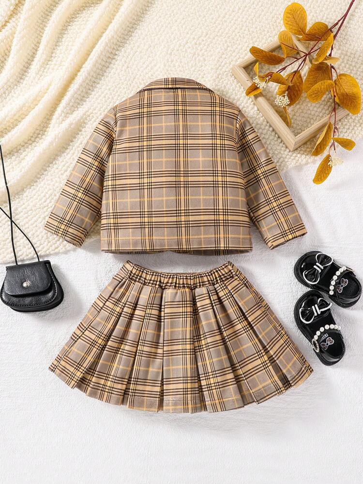 Baby Girl Plaid Print Lapel Neck Blazer & Pleated Skirt