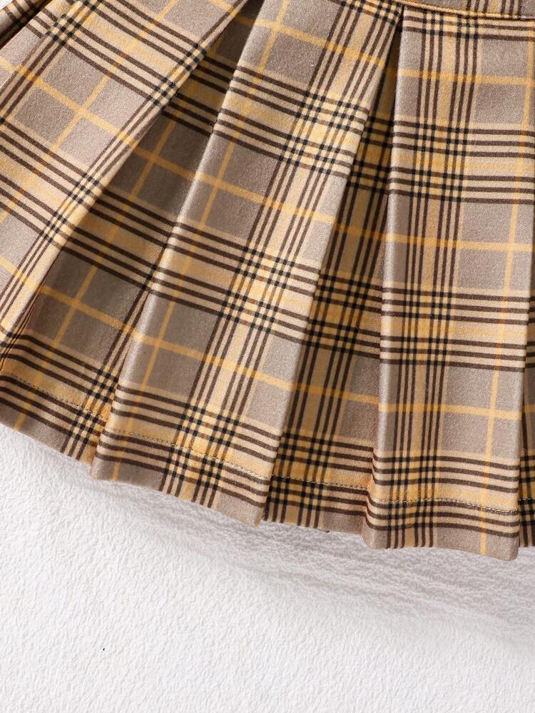 Baby Girl Plaid Print Lapel Neck Blazer & Pleated Skirt