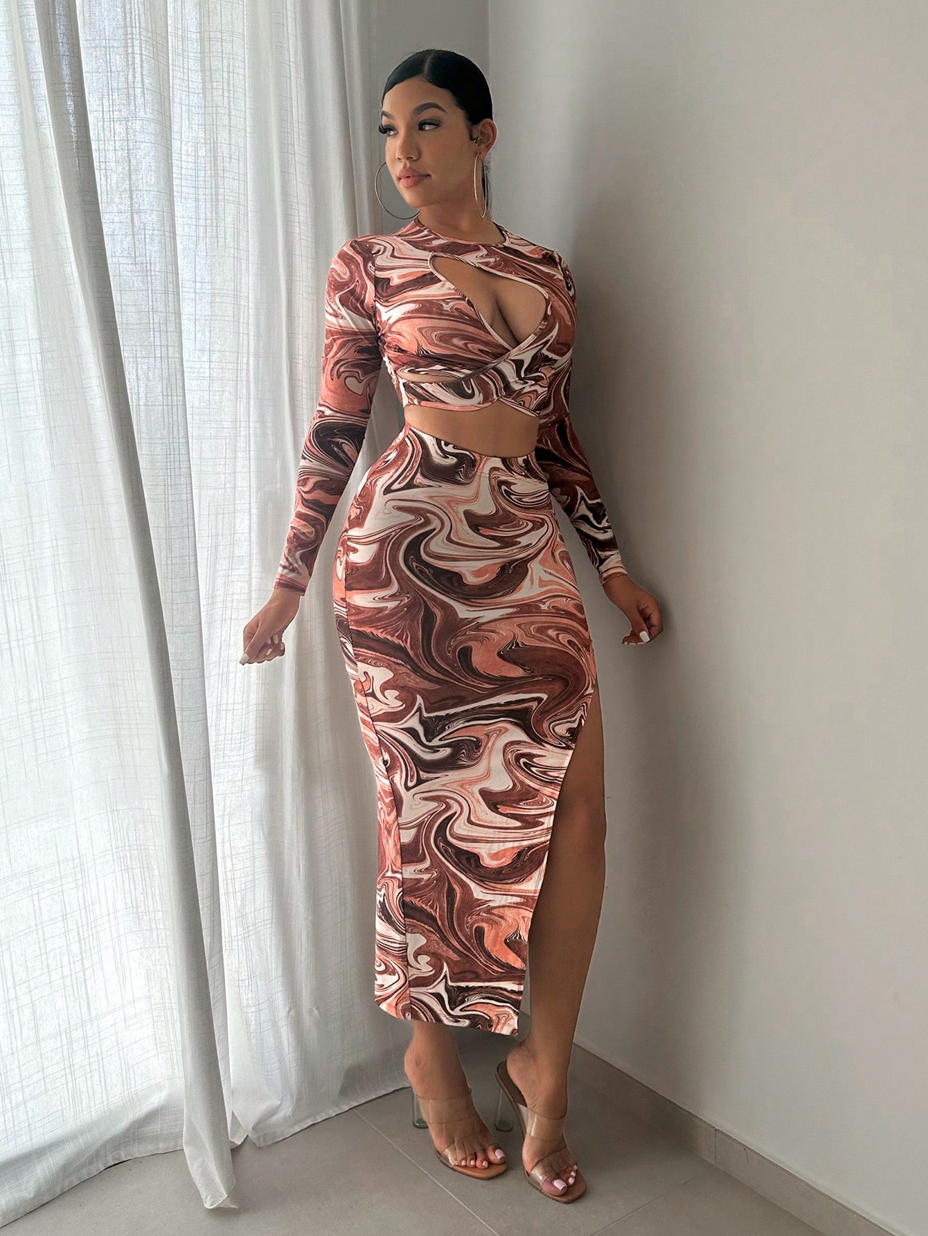 SHEIN SXY Marble Print Crop Top & Split Thigh Skirtbirthday Outfit