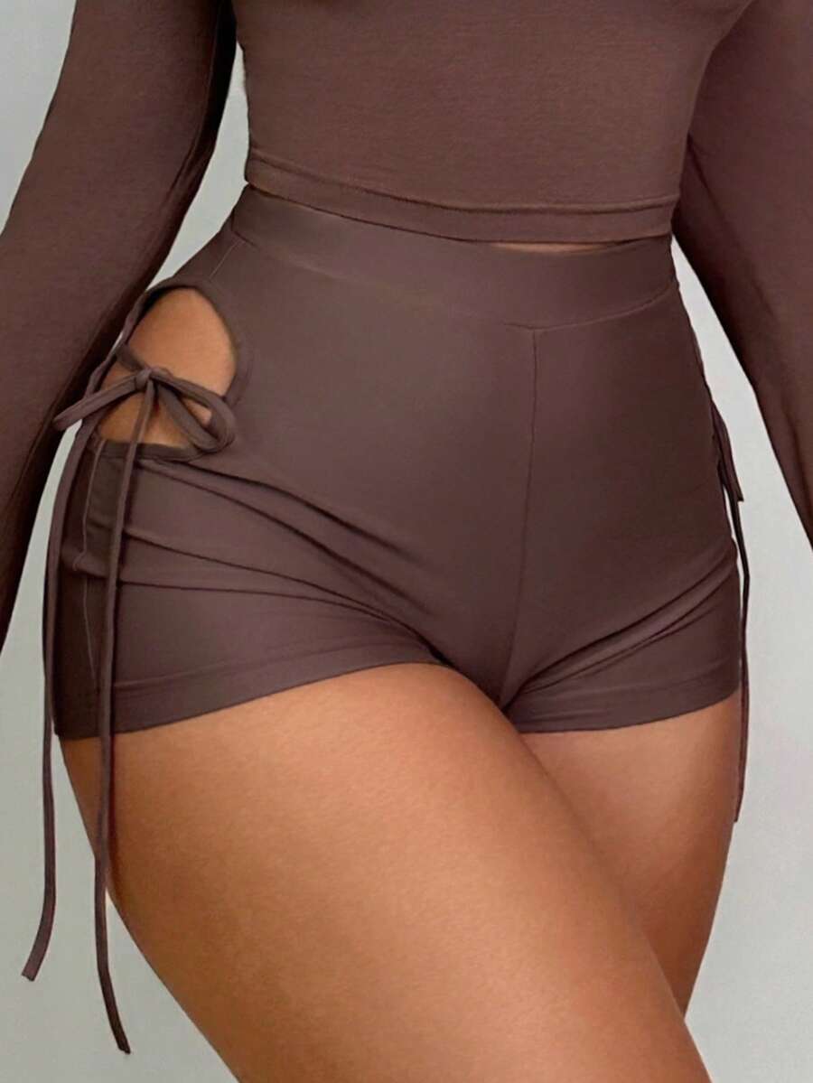SHEIN SXY Cut Out Tie Side Biker Shorts - Chocolate Brown - View 1