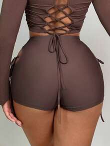 SHEIN SXY Cut Out Tie Side Biker Shorts - Chocolate Brown - View 2
