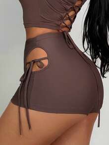SHEIN SXY Cut Out Tie Side Biker Shorts - Chocolate Brown - View 3
