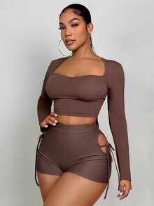 SHEIN SXY Cut Out Tie Side Biker Shorts - Chocolate Brown - View 4