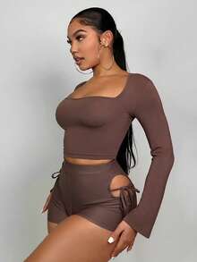 SHEIN SXY Cut Out Tie Side Biker Shorts - Chocolate Brown - View 5