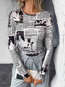 SHEIN Essnce In Báo Bên dây rút Áo thun - Đen và trắng - Xem 1