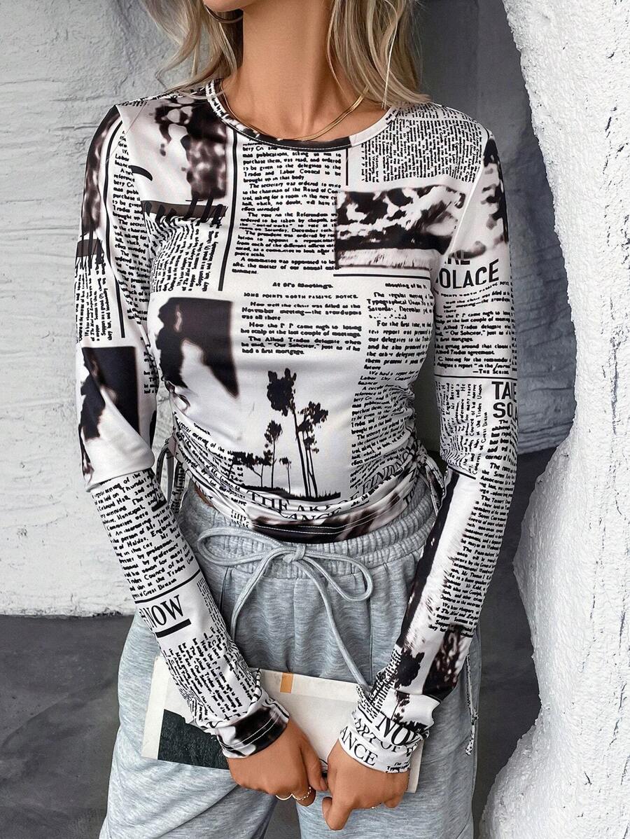 SHEIN Essnce In Báo Bên dây rút Áo thun - Đen và trắng - Xem 1