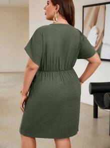 Celure Plus Batwing Sleeve Wrap Knot Side Dress - Green - View 2