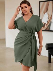 Celure Plus Batwing Sleeve Wrap Knot Side Dress - Green - View 3