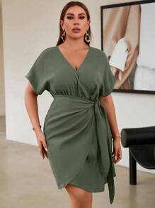 Celure Plus Batwing Sleeve Wrap Knot Side Dress - Green - View 4