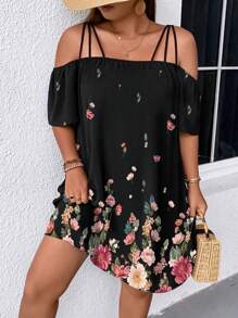 SHEIN Holidaya 大碼印花挖肩連衣裙 - 黑色 - 查看 1