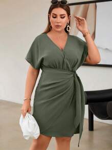 Celure Plus Batwing Sleeve Wrap Knot Side Dress - Green - View 5