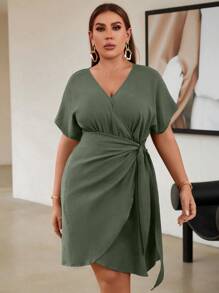 Celure Plus Batwing Sleeve Wrap Knot Side Dress - Green - View 6