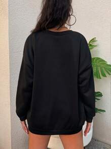 INAWLY 大碼花卉和字母圖案加絨內裏運動衫 - 黑色 - 查看 2