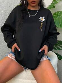 INAWLY 大碼花卉和字母圖案加絨內裏運動衫 - 黑色 - 查看 3