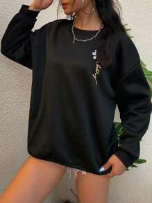 INAWLY 大碼花卉和字母圖案加絨內裏運動衫 - 黑色 - 查看 5