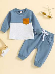 2pcs/Set Baby Boy Soft Comfortable Breathable Cute Colorblock Pocket Shirt & Solid Color Elastic Waist Sweatpants Outfit