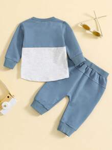 2pcs/Set Baby Boy Soft Comfortable Breathable Cute Colorblock Pocket Shirt & Solid Color Elastic Waist Sweatpants Outfit