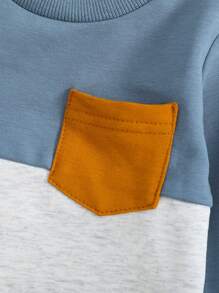 2pcs/Set Baby Boy Soft Comfortable Breathable Cute Colorblock Pocket Shirt & Solid Color Elastic Waist Sweatpants Outfit