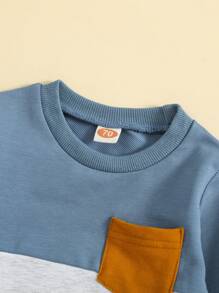 2pcs/Set Baby Boy Soft Comfortable Breathable Cute Colorblock Pocket Shirt & Solid Color Elastic Waist Sweatpants Outfit