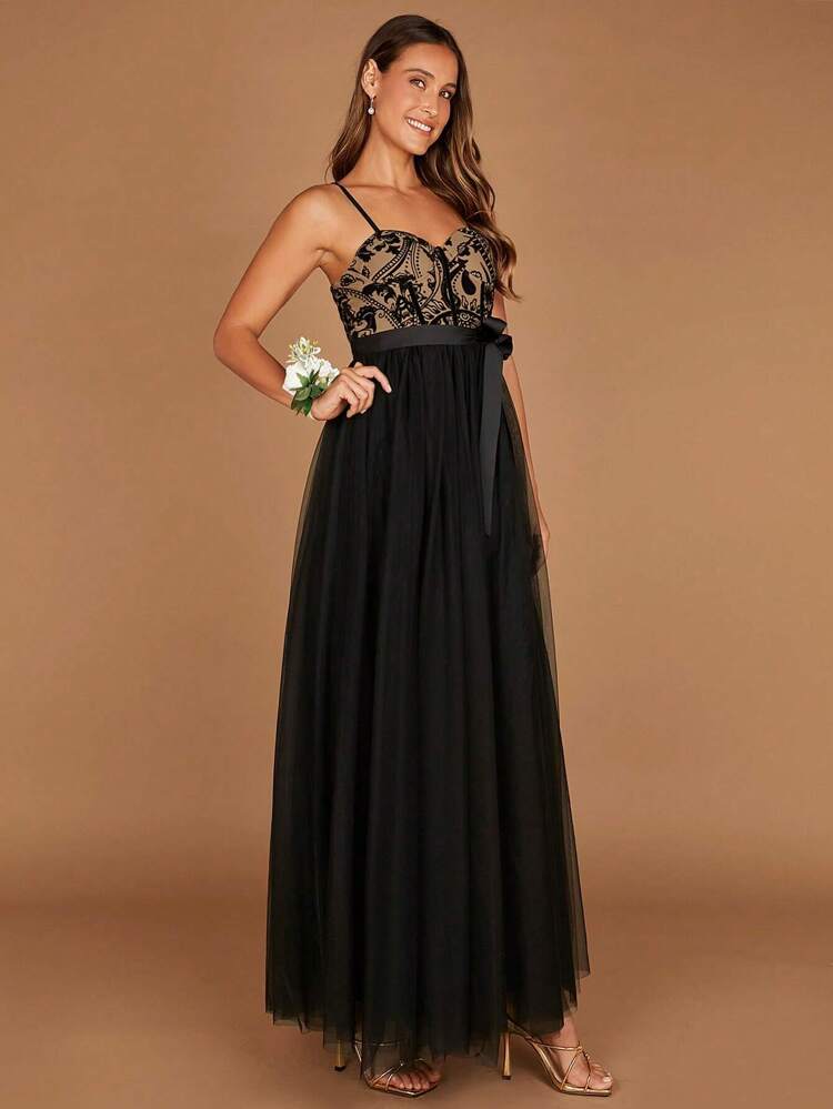 Floral Print Mesh Overlay Belted Cami Dress