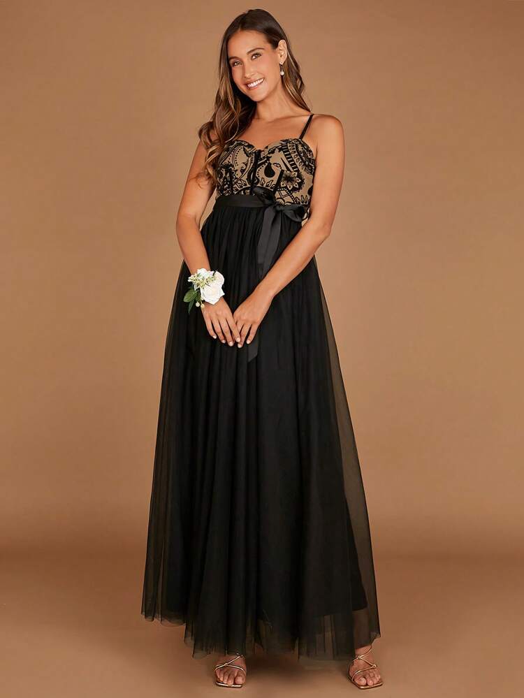 Floral Print Mesh Overlay Belted Cami Dress