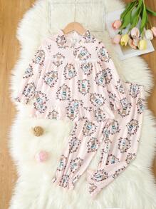 Young Girl Cartoon Graphic  Flounce Sleeve PJ Set - Baby Pink - View 1