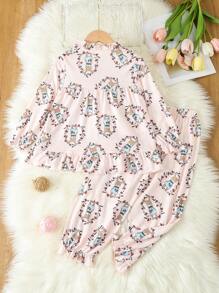 Young Girl Cartoon Graphic  Flounce Sleeve PJ Set - Baby Pink - View 2