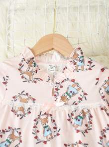 Young Girl Cartoon Graphic  Flounce Sleeve PJ Set - Baby Pink - View 5