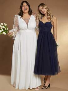 SHEIN Belle Plus 1pc Contrast Polka Dot Mesh Lantern Sleeve Maxi Wedding Dress Without Veil - White - View 2