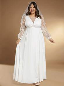 SHEIN Belle Plus 1pc Contrast Polka Dot Mesh Lantern Sleeve Maxi Wedding Dress Without Veil - White - View 1