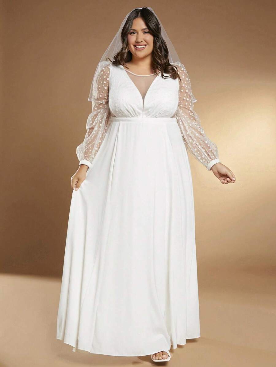 SHEIN Belle Plus 1pc Contrast Polka Dot Mesh Lantern Sleeve Maxi Wedding Dress Without Veil - White - View 1