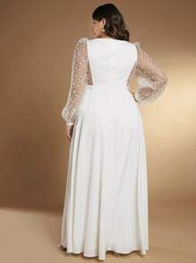 SHEIN Belle Plus 1pc Contrast Polka Dot Mesh Lantern Sleeve Maxi Wedding Dress Without Veil - White - View 5