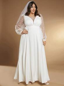 SHEIN Belle Plus 1pc Contrast Polka Dot Mesh Lantern Sleeve Maxi Wedding Dress Without Veil - White - View 6