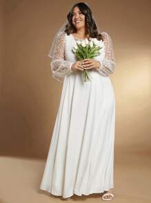 SHEIN Belle Plus 1pc Contrast Polka Dot Mesh Lantern Sleeve Maxi Wedding Dress Without Veil - White - View 4