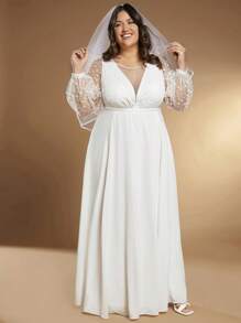 SHEIN Belle Plus 1pc Contrast Polka Dot Mesh Lantern Sleeve Maxi Wedding Dress Without Veil - White - View 8