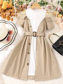 SHEIN 女大童雙色挖肩前紐扣搭扣細節假兩件連衣裙 - 米色 - 查看 1