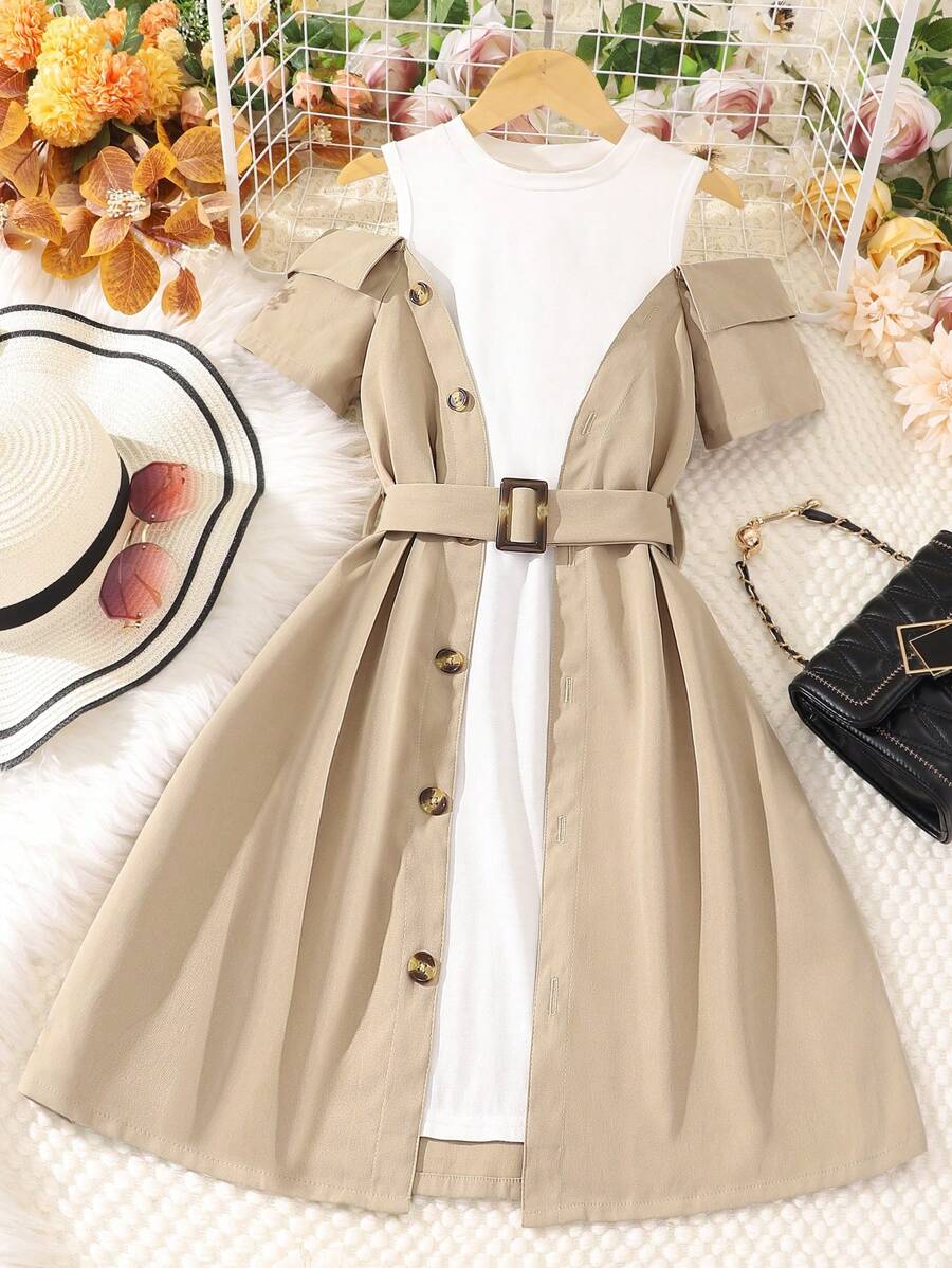SHEIN 女大童雙色挖肩前紐扣搭扣細節假兩件連衣裙 - 米色 - 查看 1