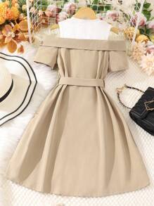 SHEIN 女大童雙色挖肩前紐扣搭扣細節假兩件連衣裙 - 米色 - 查看 2