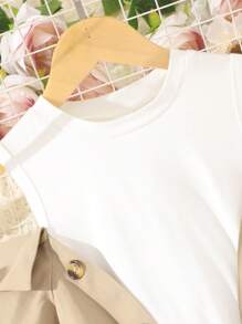 SHEIN 女大童雙色挖肩前紐扣搭扣細節假兩件連衣裙 - 米色 - 查看 3