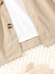 SHEIN 女大童雙色挖肩前紐扣搭扣細節假兩件連衣裙 - 米色 - 查看 7