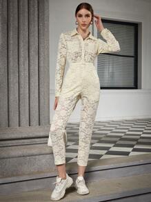 Eilly Bazar Button Front Lace Shirt Jumpsuit - Beige - View 1